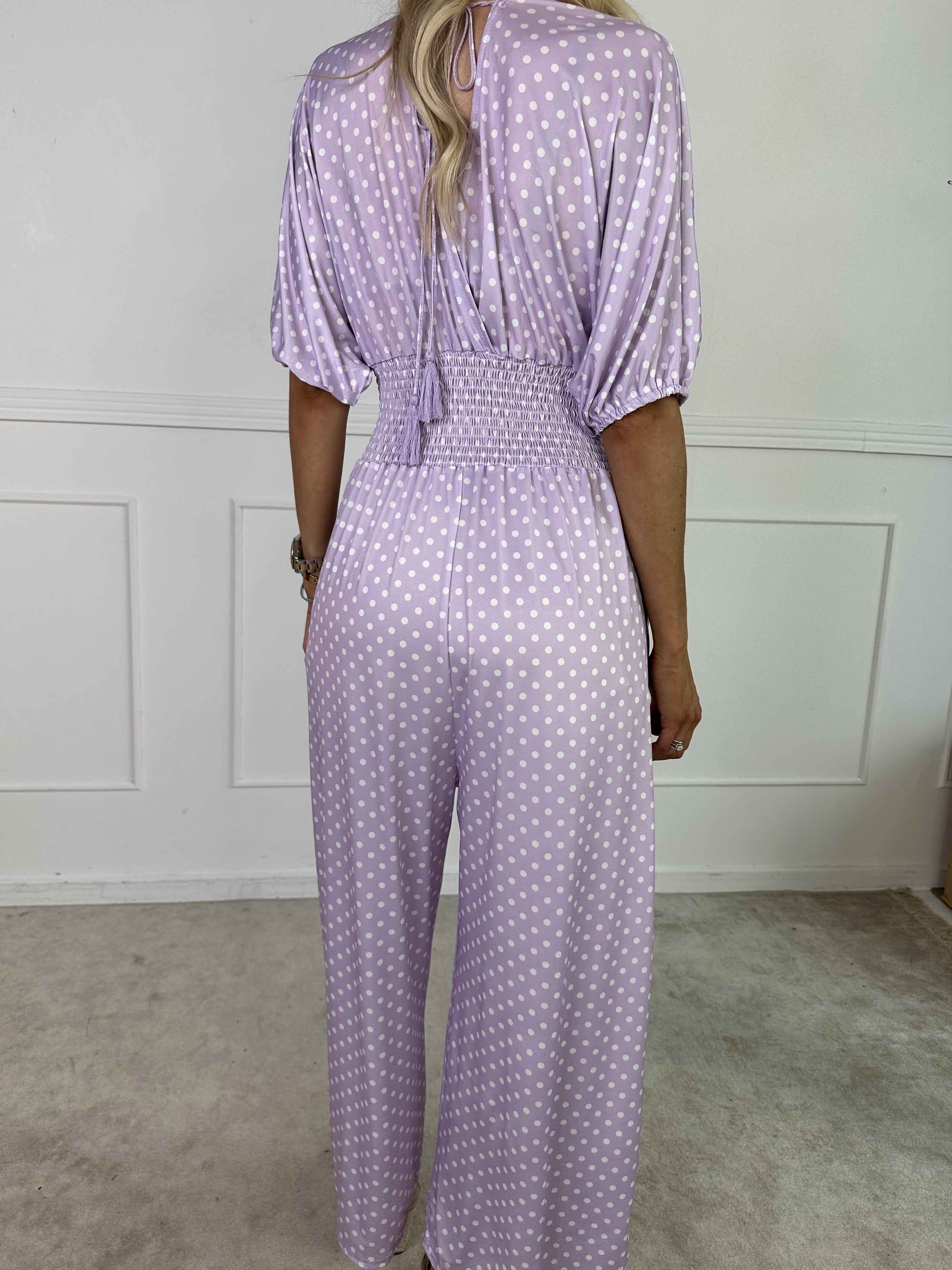 Grace - Buksedragt i elastisk stof med hvide prikker